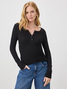 Splendid Thermal Forever Henley -  Black Ribbed Henley Long-Sleeve Top